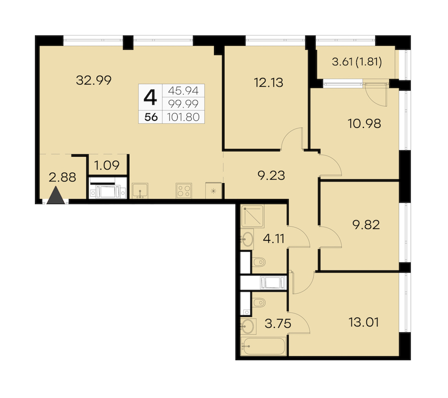 4-комнатная квартира 101.8 м², 16/19 эт., ЖК «GloraX Aura Vasileostrovsky»